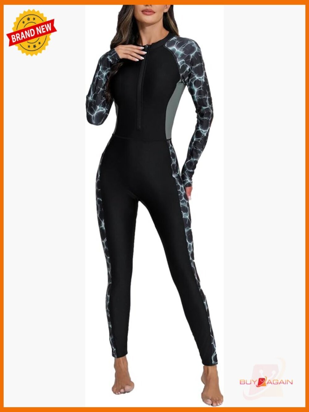 Long Sleeve Full Body Rash Guard Swimsuit with Built in Bra UPF50+ Zip Front